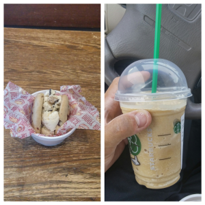 I usually get some afternoon sweets in.... such as an ice cream sandwhich and some Starbucks.